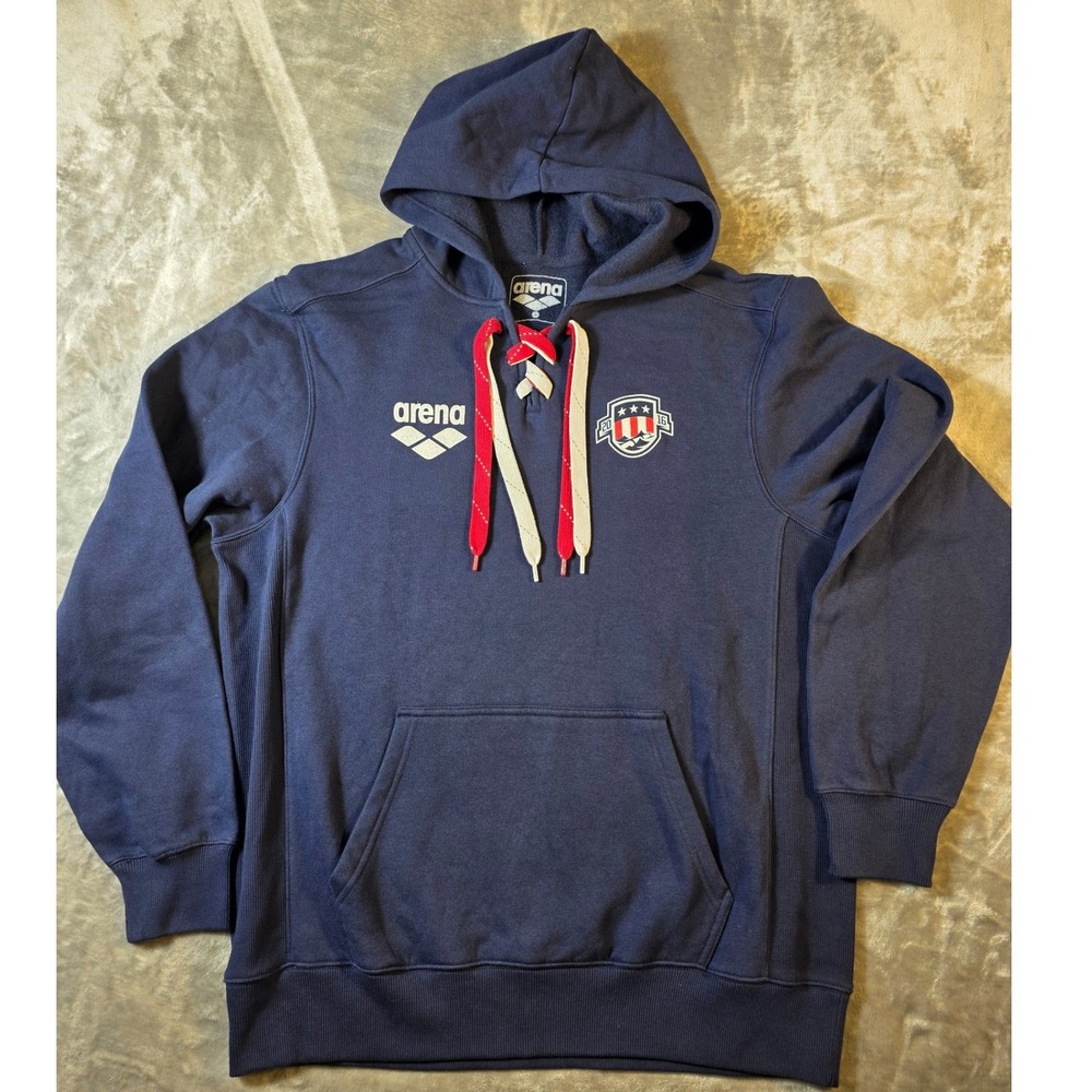Arena USA Swimming Hoodie Men Large‎ Navy Blue Lace Up Pullover 2016 Olympic